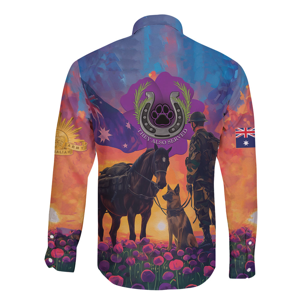 Australia Animals ANZAC Long Sleeve Button Shirt Dog And Horse Heroes Also Served