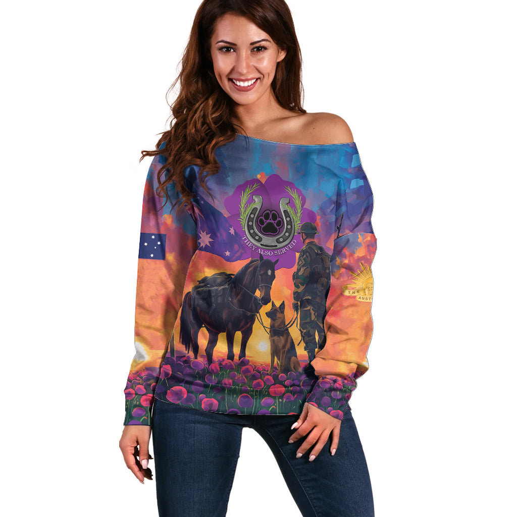 Australia Animals ANZAC Off Shoulder Sweater Dog And Horse Heroes Also Served