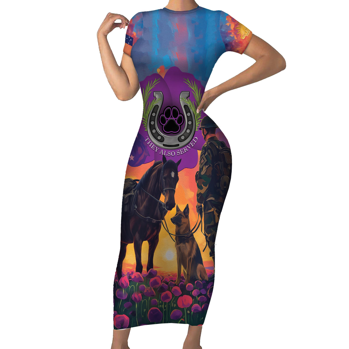 Australia Animals ANZAC Short Sleeve Bodycon Dress Dog And Horse Heroes Also Served