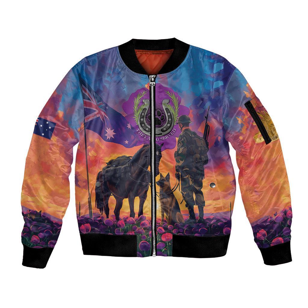 Australia Animals ANZAC Sleeve Zip Bomber Jacket Dog And Horse Heroes Also Served