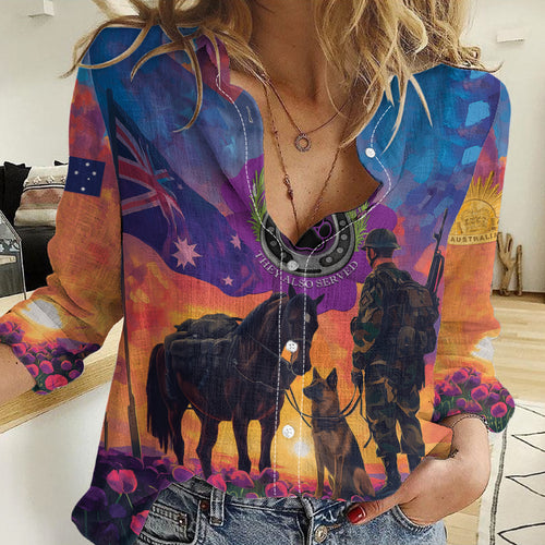 Australia Animals ANZAC Women Casual Shirt Dog And Horse Heroes Also Served