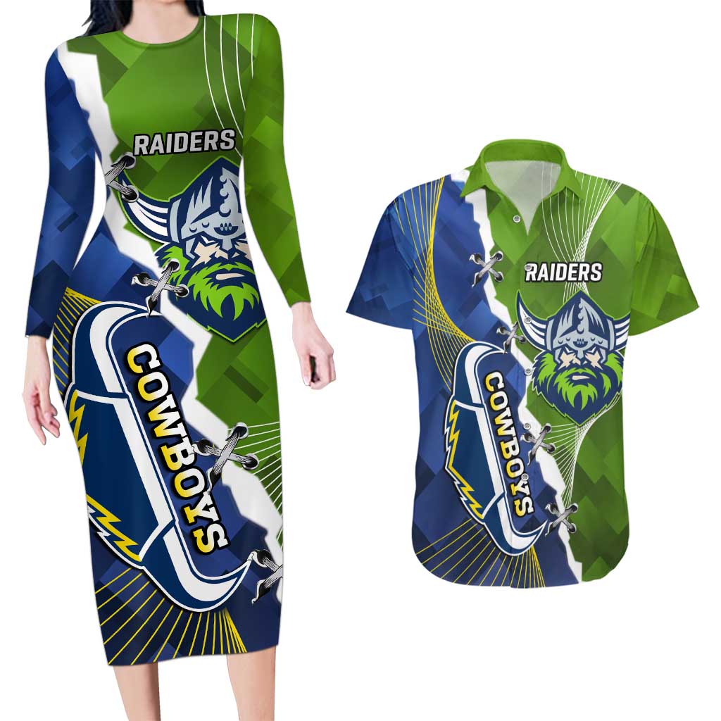 Personalised Cowboys And Raiders Rugby Couples Matching Long Sleeve Bodycon Dress and Hawaiian Shirt Sporty Version