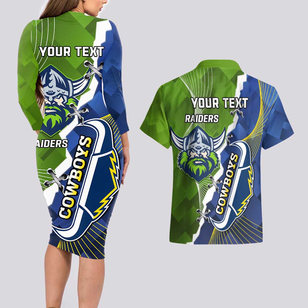 Personalised Cowboys And Raiders Rugby Couples Matching Long Sleeve Bodycon Dress and Hawaiian Shirt Sporty Version