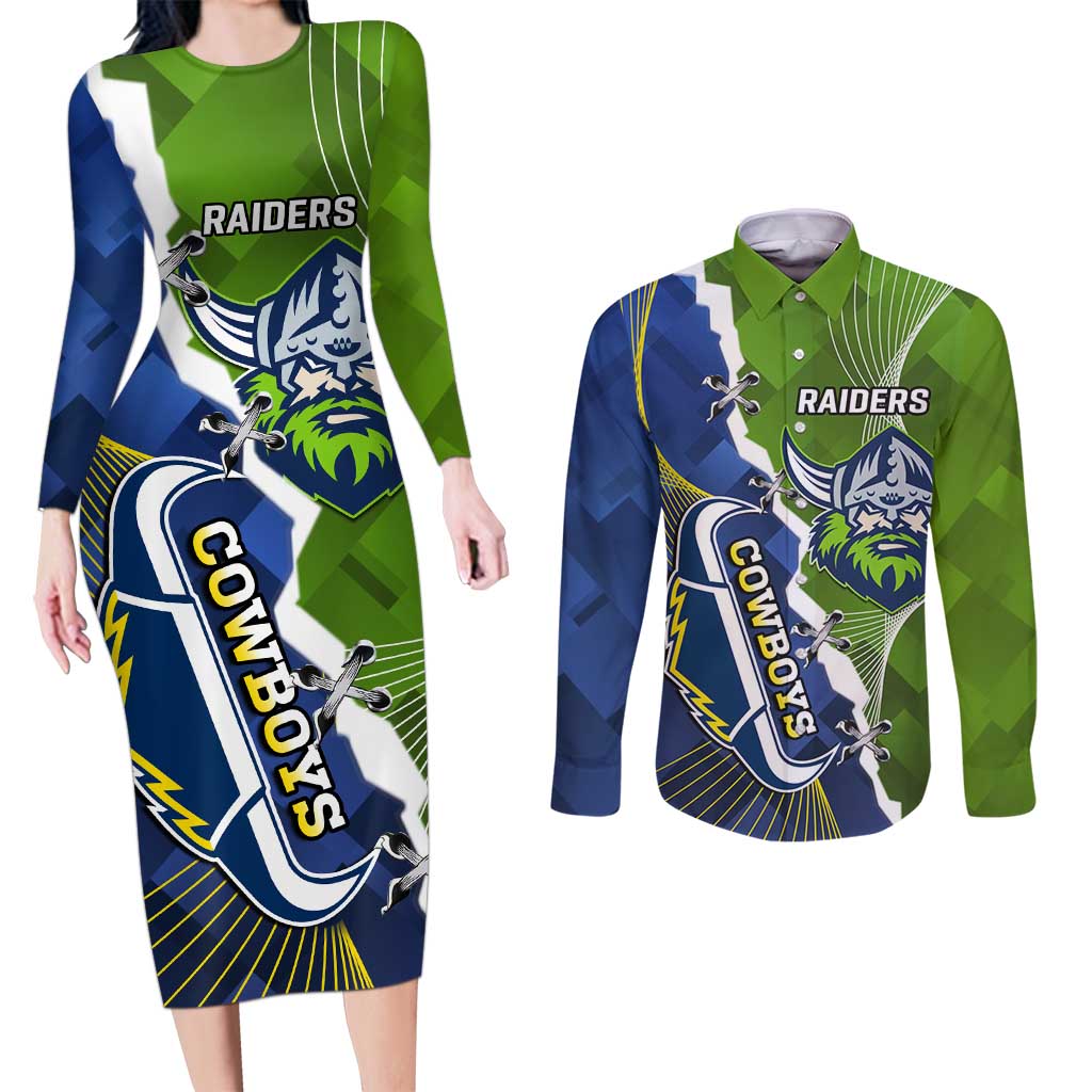 Personalised Cowboys And Raiders Rugby Couples Matching Long Sleeve Bodycon Dress and Long Sleeve Button Shirt Sporty Version