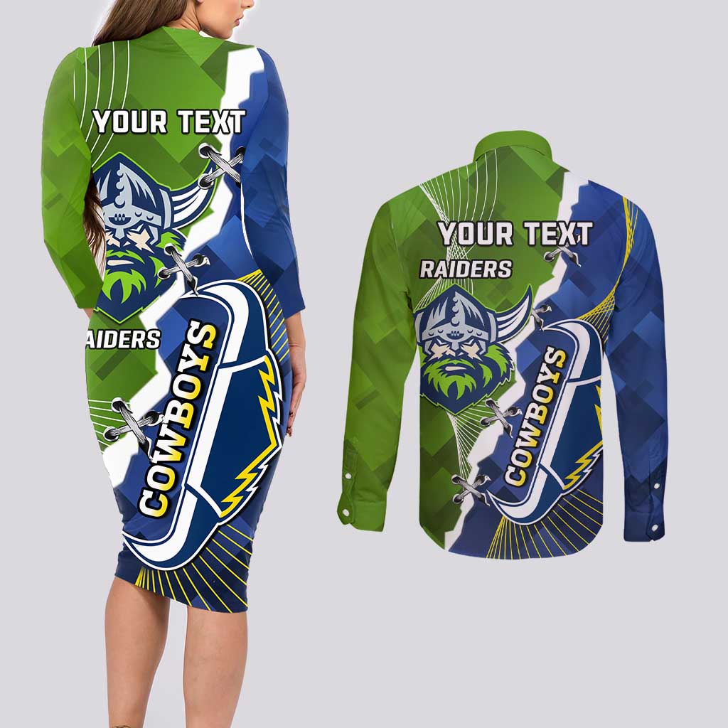 Personalised Cowboys And Raiders Rugby Couples Matching Long Sleeve Bodycon Dress and Long Sleeve Button Shirt Sporty Version