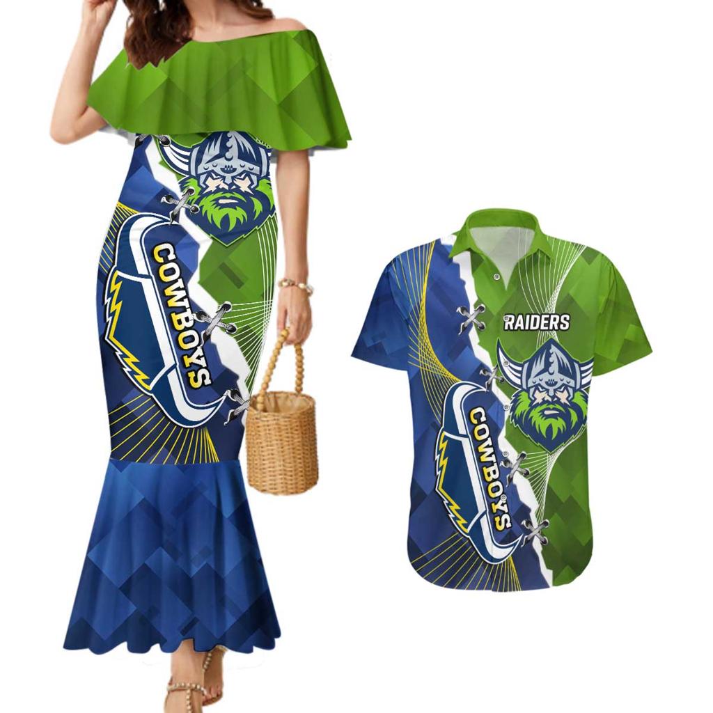 Personalised Cowboys And Raiders Rugby Couples Matching Mermaid Dress and Hawaiian Shirt Sporty Version