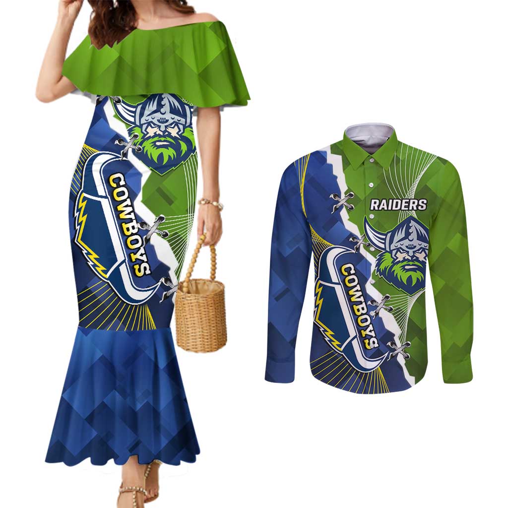 Personalised Cowboys And Raiders Rugby Couples Matching Mermaid Dress and Long Sleeve Button Shirt Sporty Version