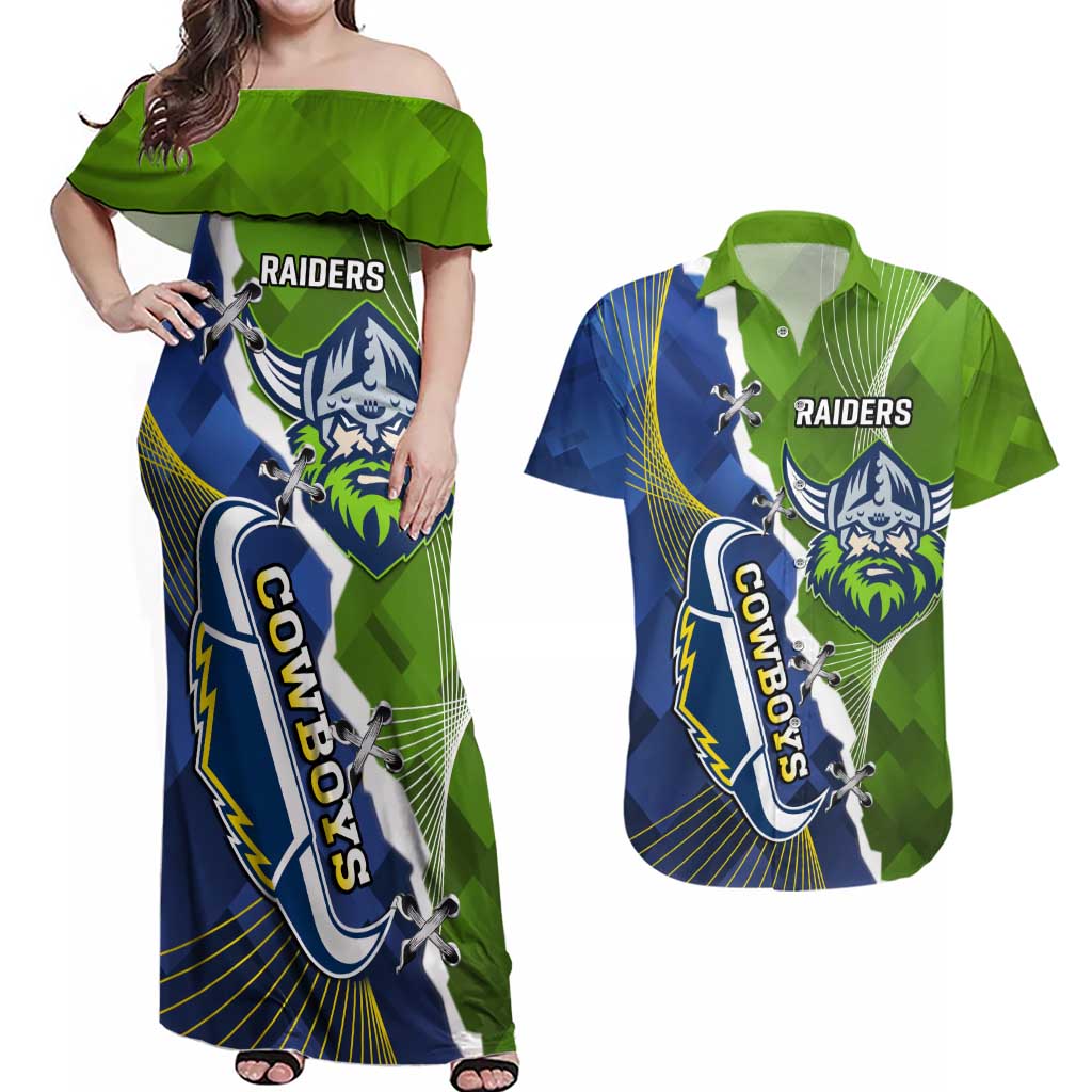 Personalised Cowboys And Raiders Rugby Couples Matching Off Shoulder Maxi Dress and Hawaiian Shirt Sporty Version