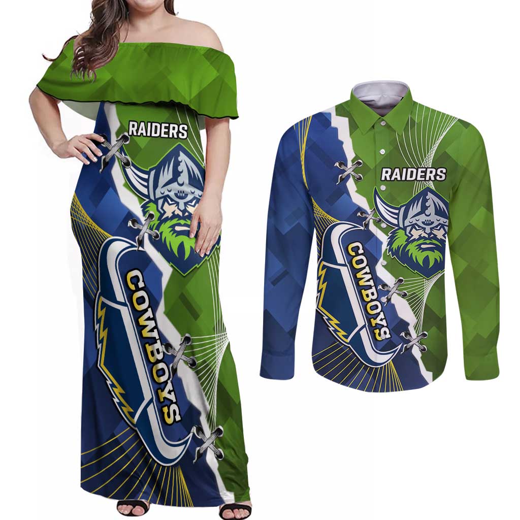 Personalised Cowboys And Raiders Rugby Couples Matching Off Shoulder Maxi Dress and Long Sleeve Button Shirt Sporty Version
