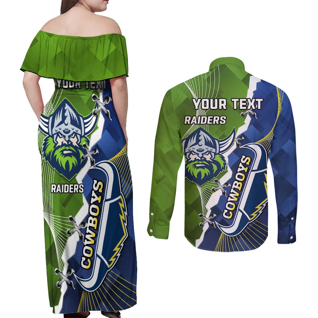 Personalised Cowboys And Raiders Rugby Couples Matching Off Shoulder Maxi Dress and Long Sleeve Button Shirt Sporty Version