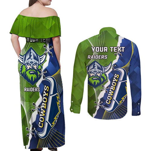 Personalised Cowboys And Raiders Rugby Couples Matching Off Shoulder Maxi Dress and Long Sleeve Button Shirt Sporty Version