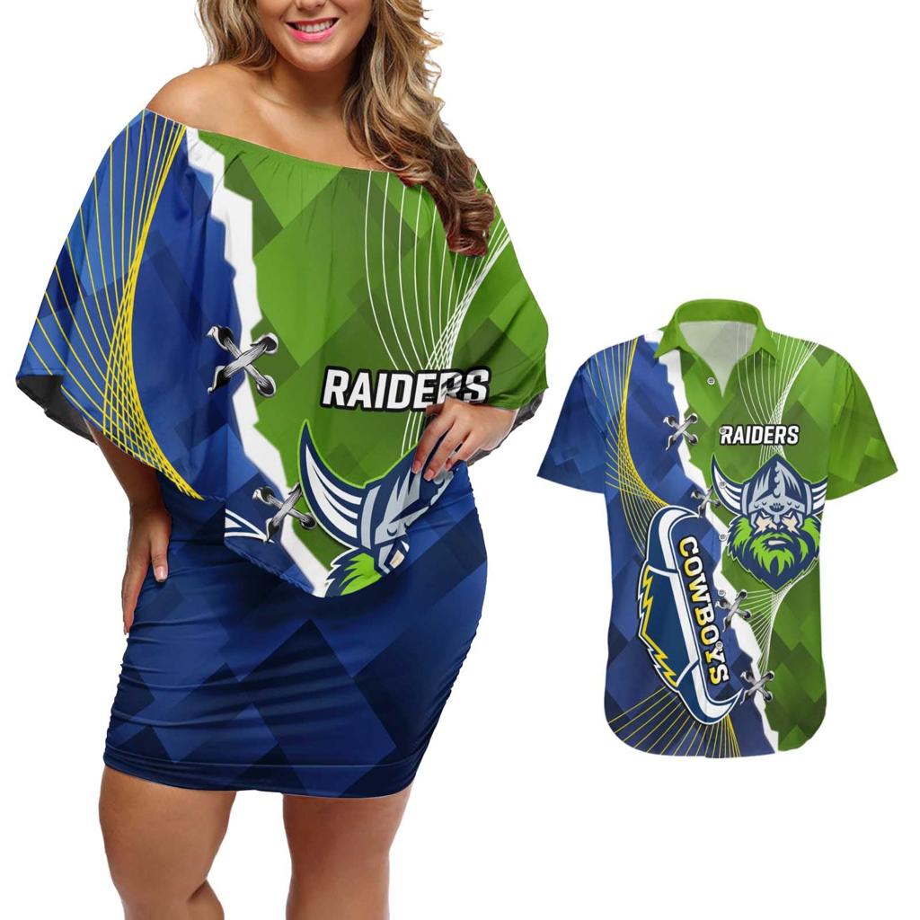 Personalised Cowboys And Raiders Rugby Couples Matching Off Shoulder Short Dress and Hawaiian Shirt Sporty Version