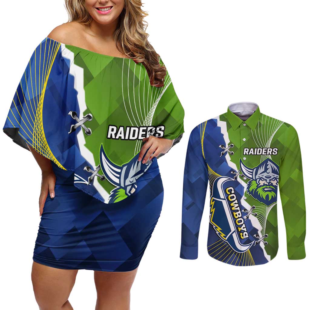 Personalised Cowboys And Raiders Rugby Couples Matching Off Shoulder Short Dress and Long Sleeve Button Shirt Sporty Version
