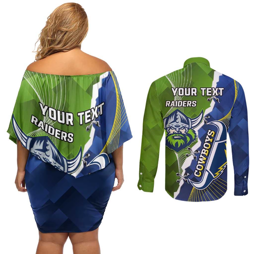 Personalised Cowboys And Raiders Rugby Couples Matching Off Shoulder Short Dress and Long Sleeve Button Shirt Sporty Version