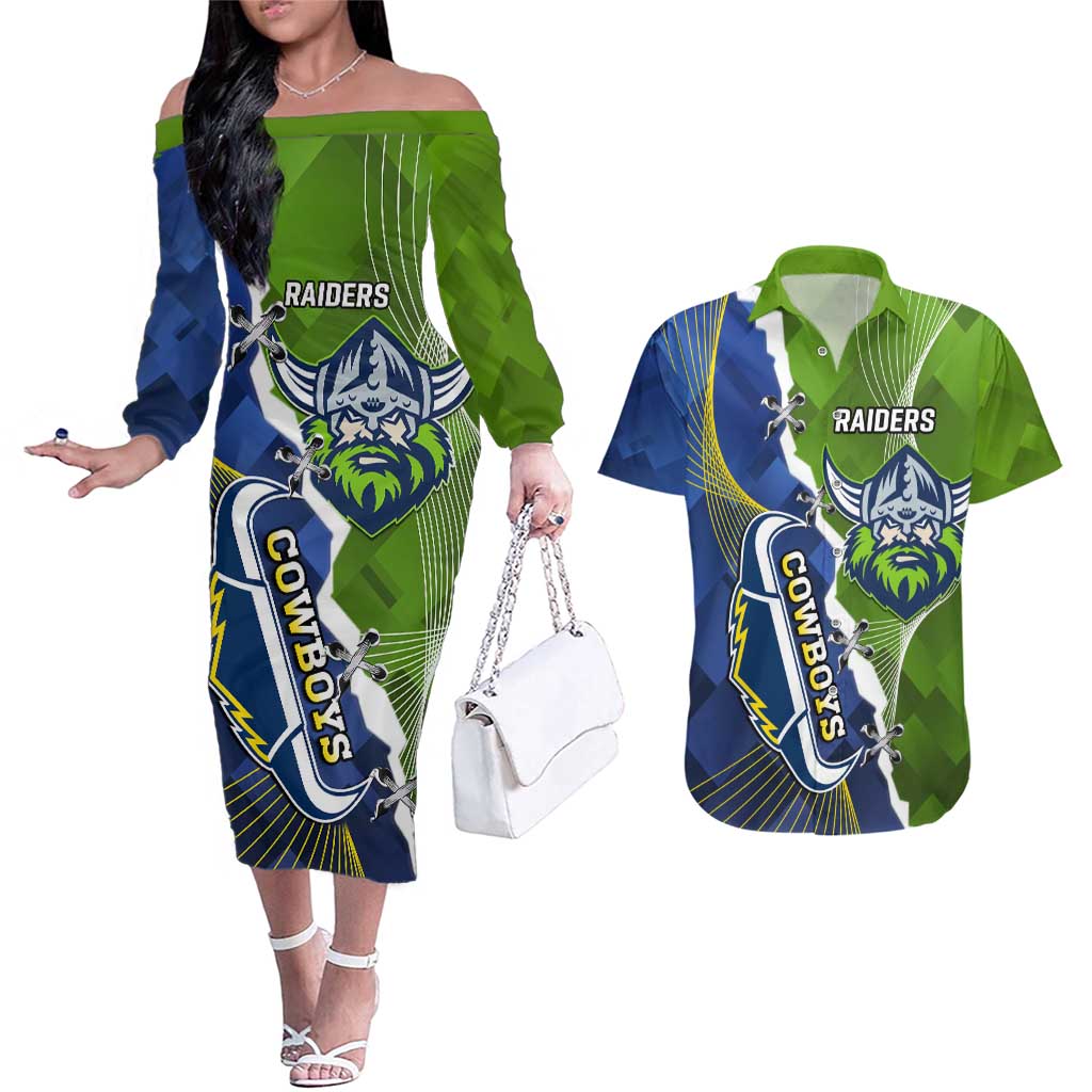 Personalised Cowboys And Raiders Rugby Couples Matching Off The Shoulder Long Sleeve Dress and Hawaiian Shirt Sporty Version