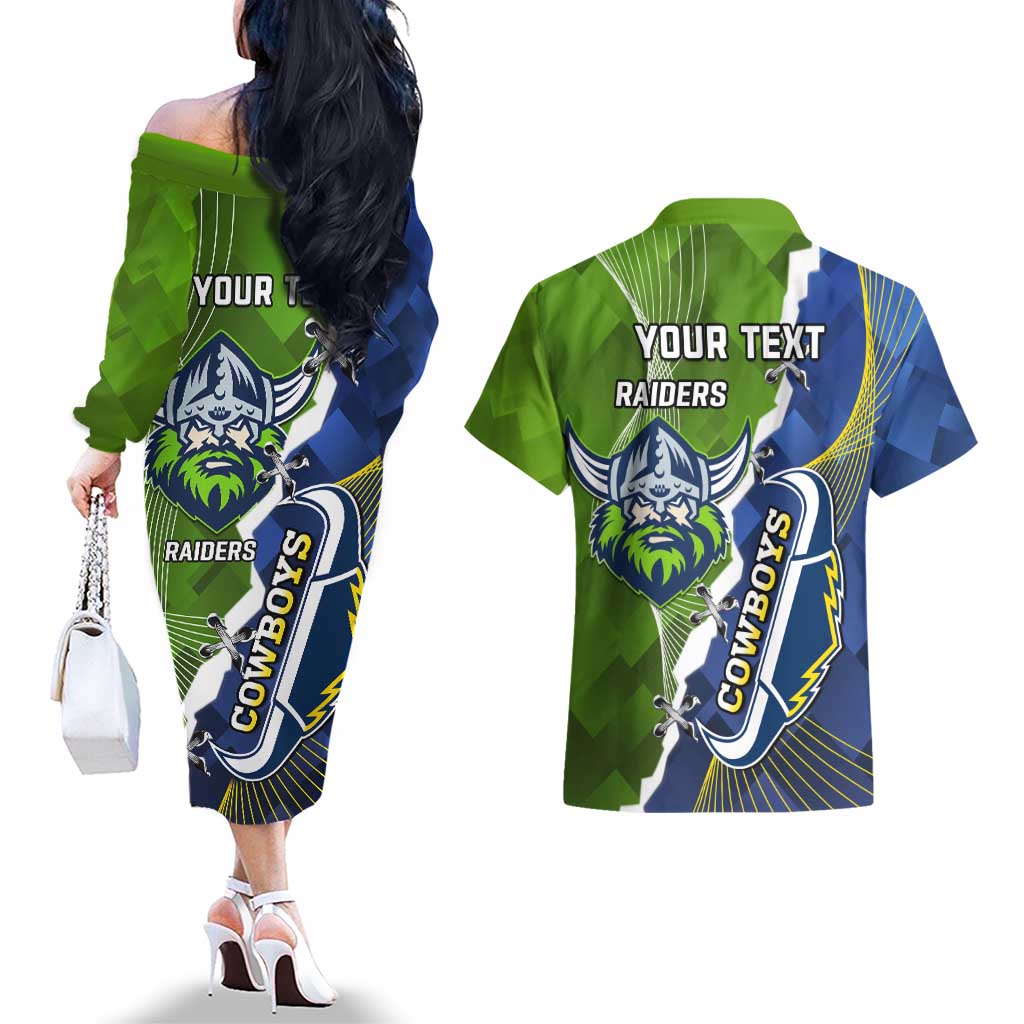 Personalised Cowboys And Raiders Rugby Couples Matching Off The Shoulder Long Sleeve Dress and Hawaiian Shirt Sporty Version