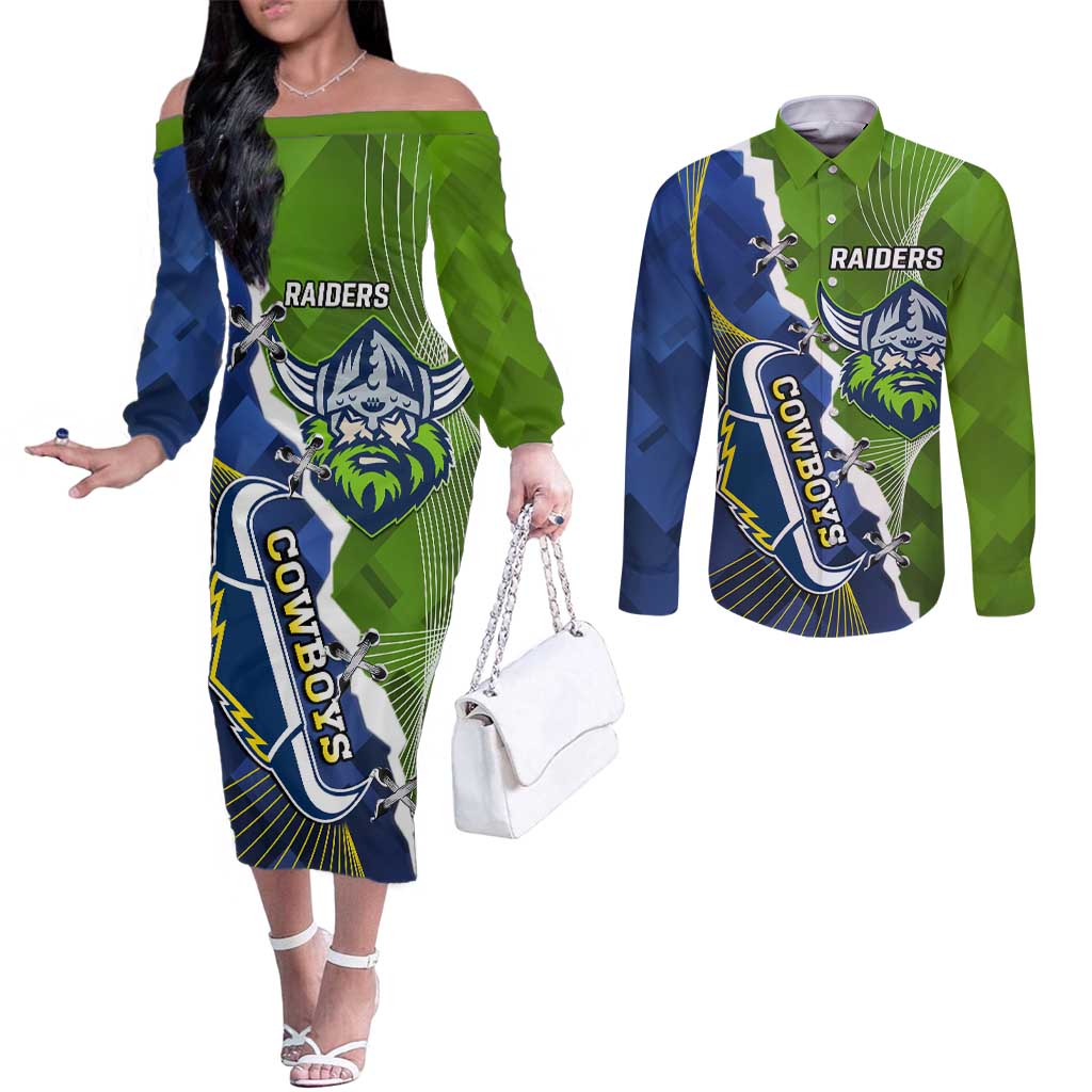 Personalised Cowboys And Raiders Rugby Couples Matching Off The Shoulder Long Sleeve Dress and Long Sleeve Button Shirt Sporty Version