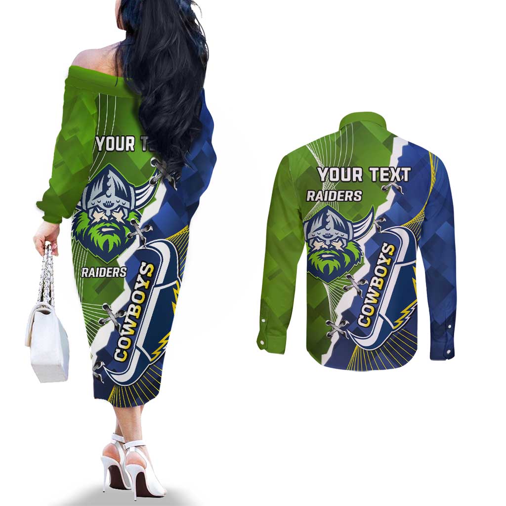 Personalised Cowboys And Raiders Rugby Couples Matching Off The Shoulder Long Sleeve Dress and Long Sleeve Button Shirt Sporty Version