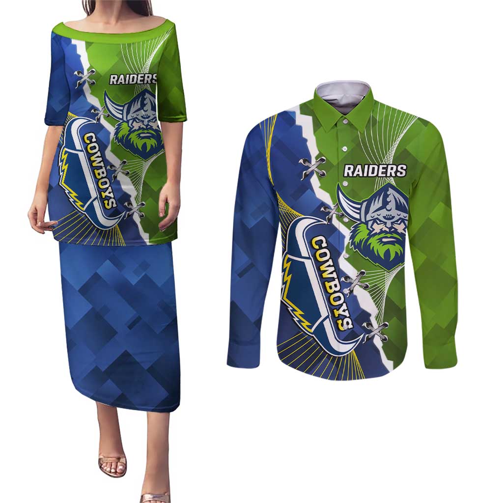 Personalised Cowboys And Raiders Rugby Couples Matching Puletasi and Long Sleeve Button Shirt Sporty Version