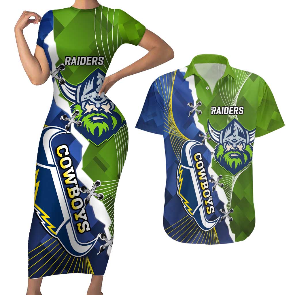 Personalised Cowboys And Raiders Rugby Couples Matching Short Sleeve Bodycon Dress and Hawaiian Shirt Sporty Version