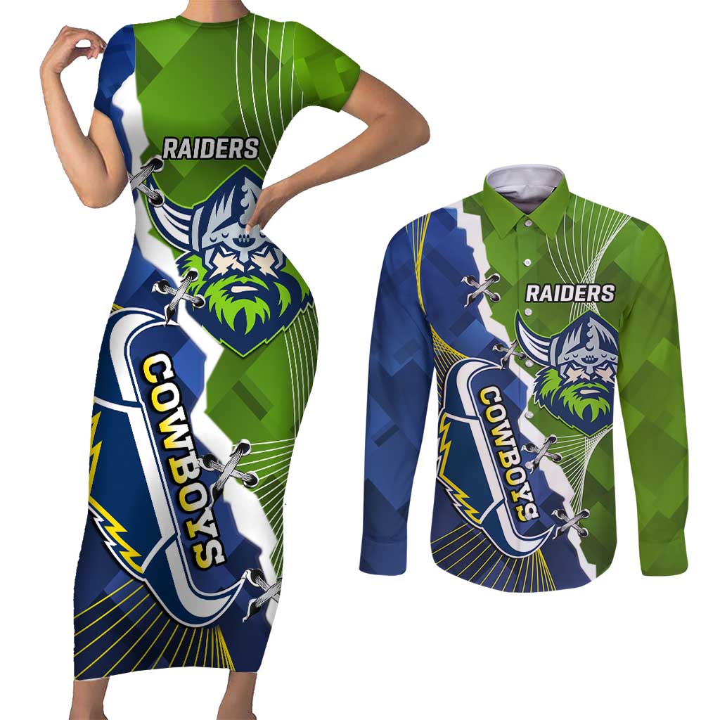 Personalised Cowboys And Raiders Rugby Couples Matching Short Sleeve Bodycon Dress and Long Sleeve Button Shirt Sporty Version