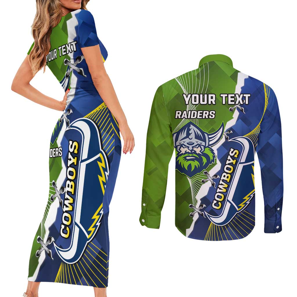 Personalised Cowboys And Raiders Rugby Couples Matching Short Sleeve Bodycon Dress and Long Sleeve Button Shirt Sporty Version