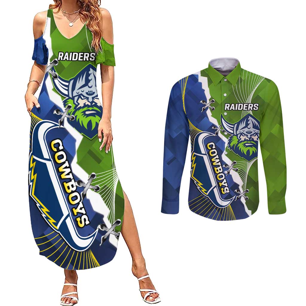 Personalised Cowboys And Raiders Rugby Couples Matching Summer Maxi Dress and Long Sleeve Button Shirt Sporty Version
