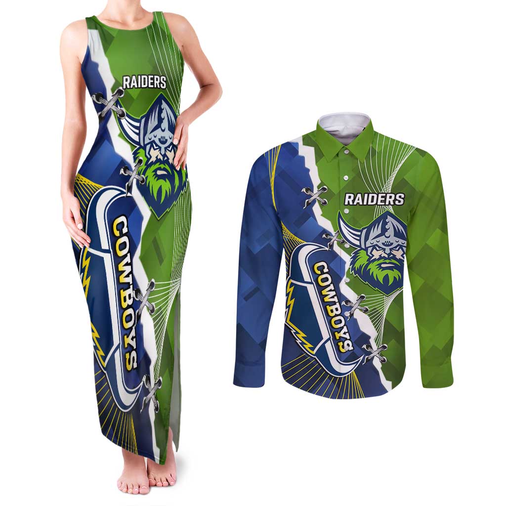 Personalised Cowboys And Raiders Rugby Couples Matching Tank Maxi Dress and Long Sleeve Button Shirt Sporty Version