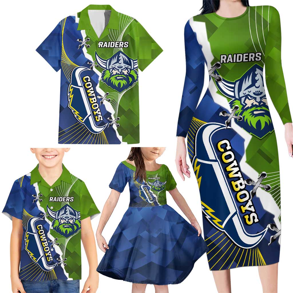 Personalised Cowboys And Raiders Rugby Family Matching Long Sleeve Bodycon Dress and Hawaiian Shirt Sporty Version