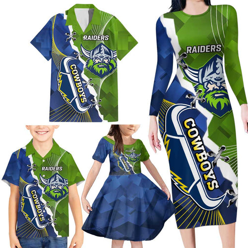 Personalised Cowboys And Raiders Rugby Family Matching Long Sleeve Bodycon Dress and Hawaiian Shirt Sporty Version