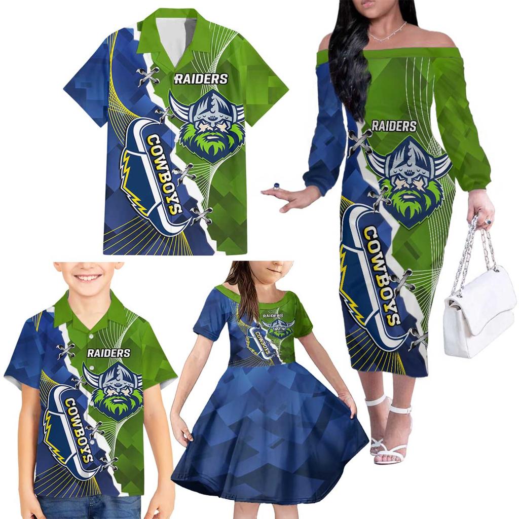 Personalised Cowboys And Raiders Rugby Family Matching Off The Shoulder Long Sleeve Dress and Hawaiian Shirt Sporty Version