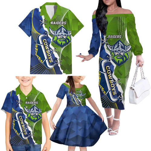 Personalised Cowboys And Raiders Rugby Family Matching Off The Shoulder Long Sleeve Dress and Hawaiian Shirt Sporty Version