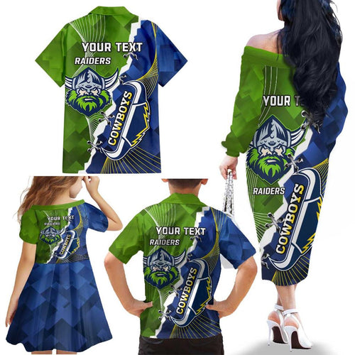 Personalised Cowboys And Raiders Rugby Family Matching Off The Shoulder Long Sleeve Dress and Hawaiian Shirt Sporty Version