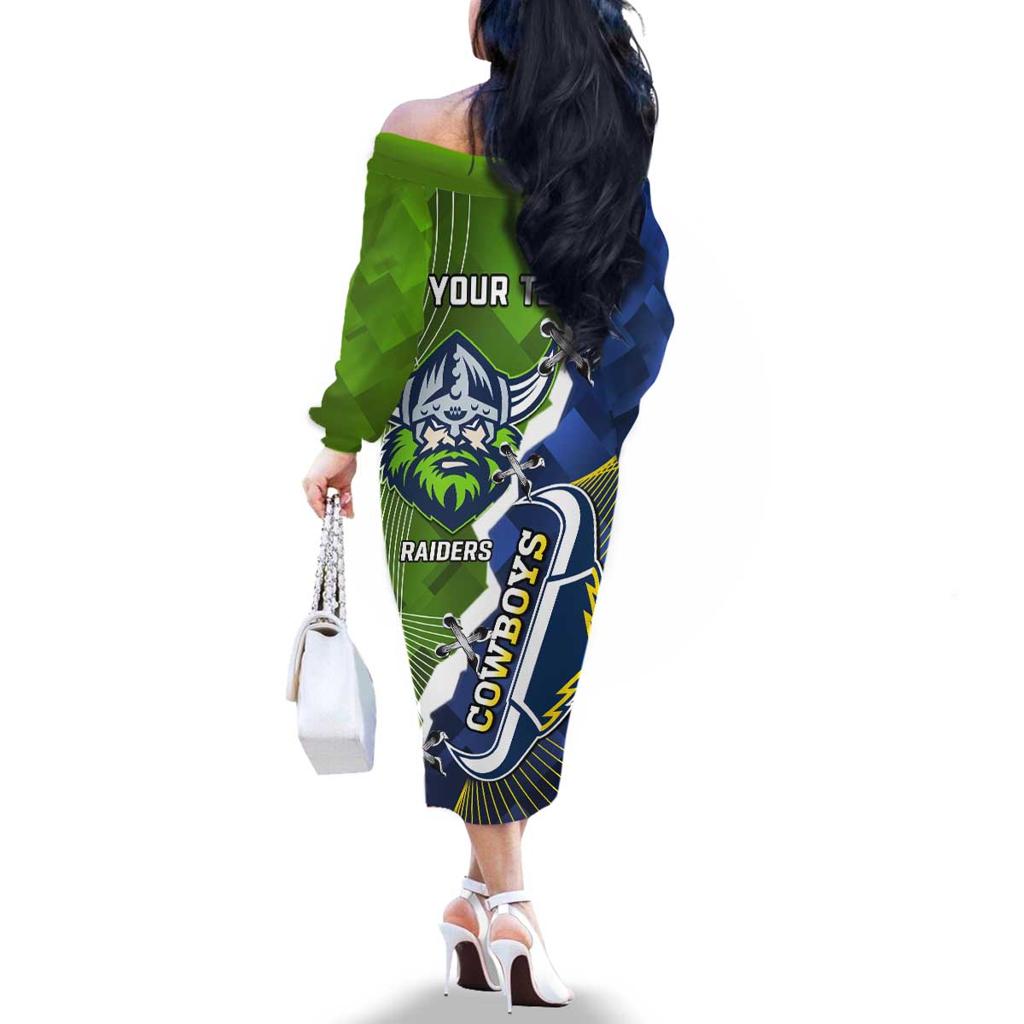 Personalised Cowboys And Raiders Rugby Family Matching Off The Shoulder Long Sleeve Dress and Hawaiian Shirt Sporty Version