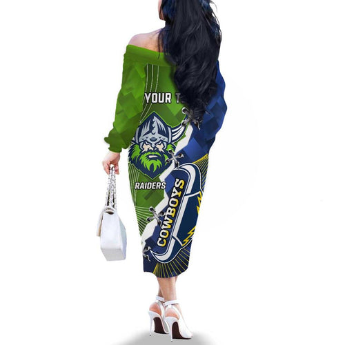 Personalised Cowboys And Raiders Rugby Family Matching Off The Shoulder Long Sleeve Dress and Hawaiian Shirt Sporty Version