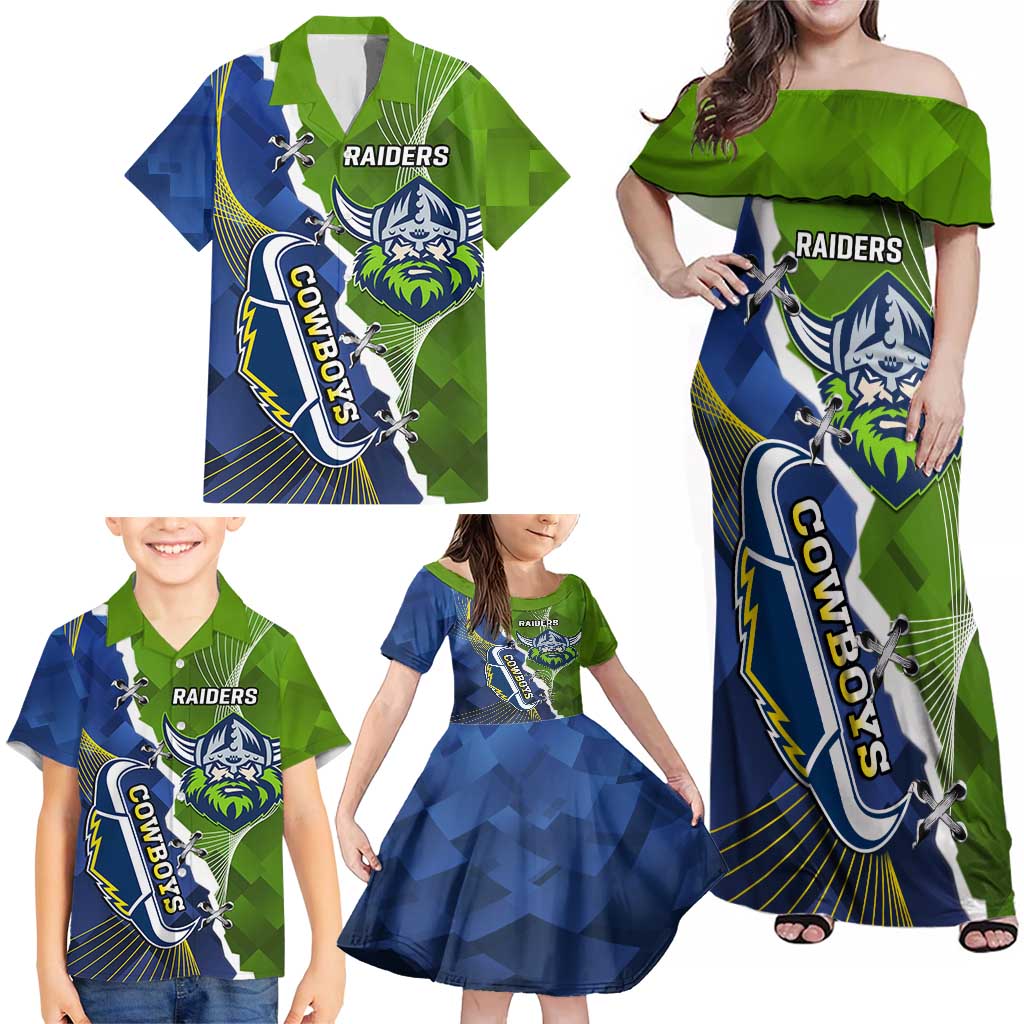 Personalised Cowboys And Raiders Rugby Family Matching Off Shoulder Maxi Dress and Hawaiian Shirt Sporty Version