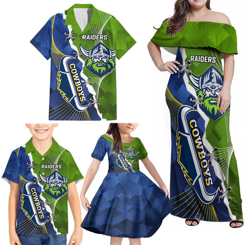 Personalised Cowboys And Raiders Rugby Family Matching Off Shoulder Maxi Dress and Hawaiian Shirt Sporty Version