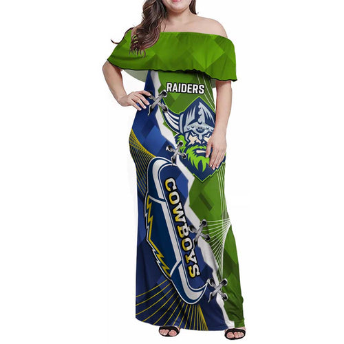 Personalised Cowboys And Raiders Rugby Family Matching Off Shoulder Maxi Dress and Hawaiian Shirt Sporty Version