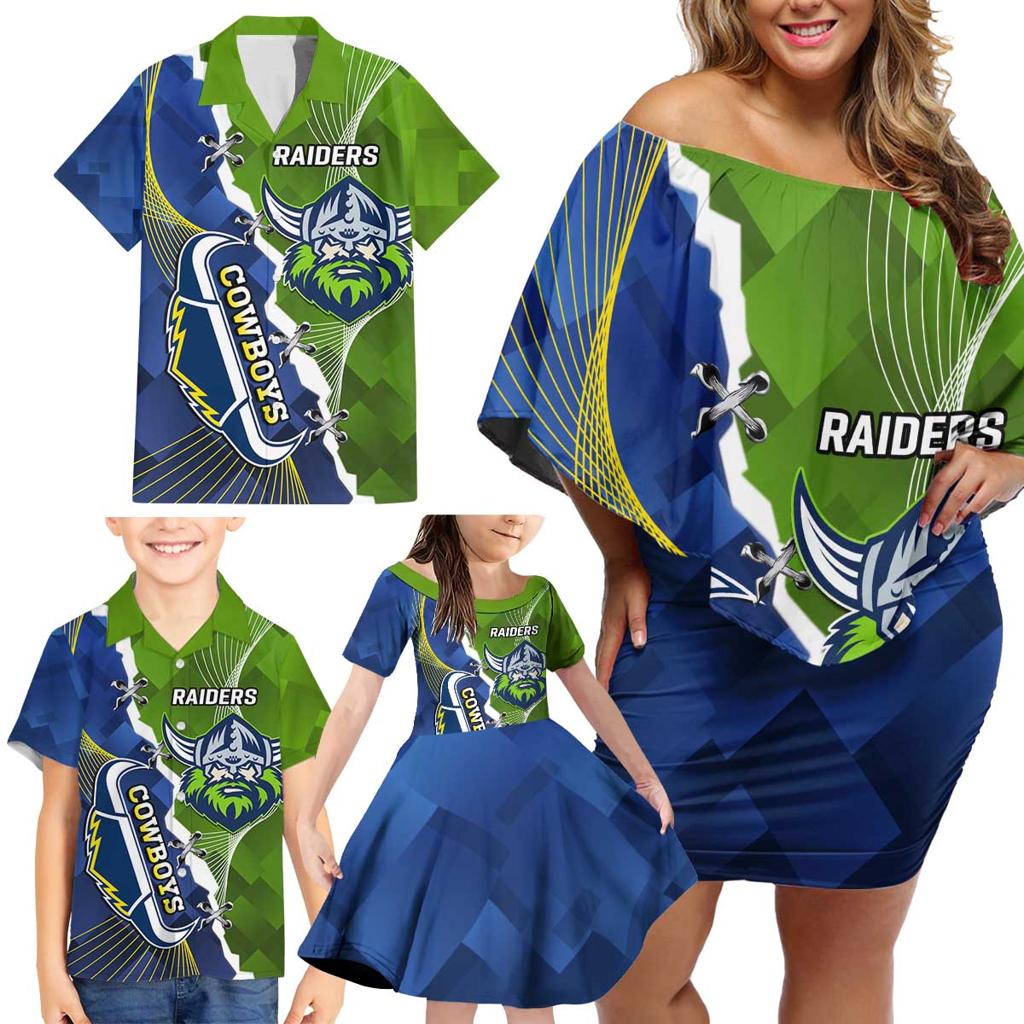 Personalised Cowboys And Raiders Rugby Family Matching Off Shoulder Short Dress and Hawaiian Shirt Sporty Version