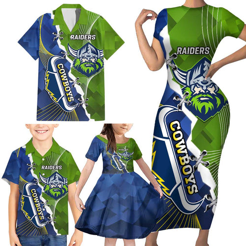 Personalised Cowboys And Raiders Rugby Family Matching Short Sleeve Bodycon Dress and Hawaiian Shirt Sporty Version