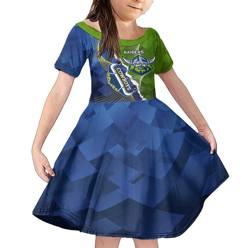 Personalised Cowboys And Raiders Rugby Family Matching Short Sleeve Bodycon Dress and Hawaiian Shirt Sporty Version