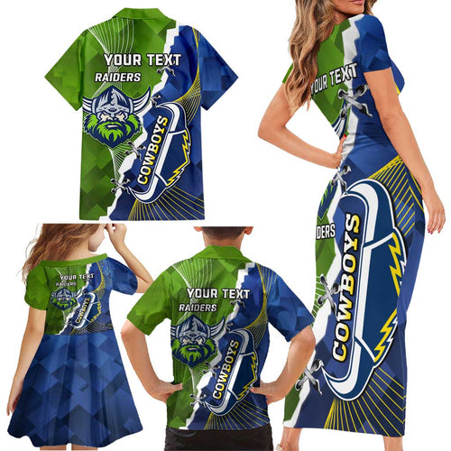Personalised Cowboys And Raiders Rugby Family Matching Short Sleeve Bodycon Dress and Hawaiian Shirt Sporty Version