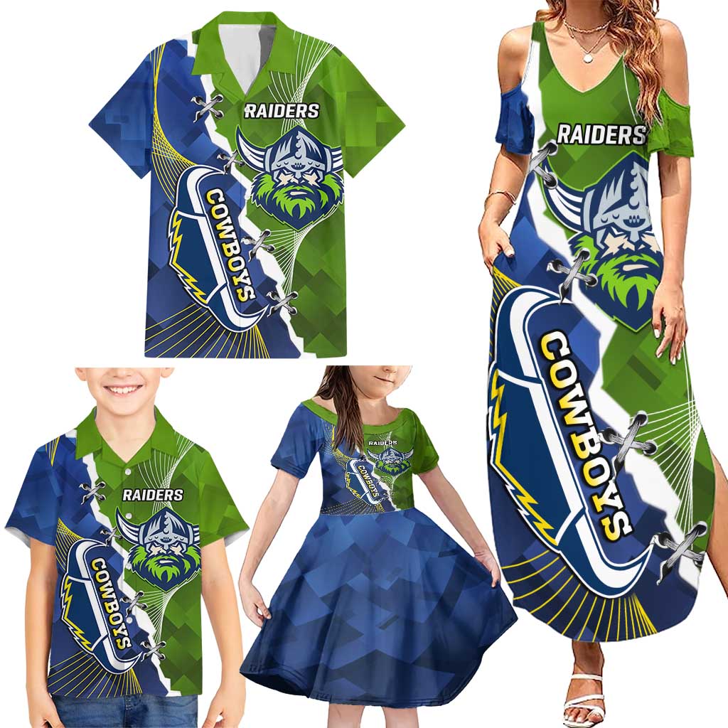 Personalised Cowboys And Raiders Rugby Family Matching Summer Maxi Dress and Hawaiian Shirt Sporty Version