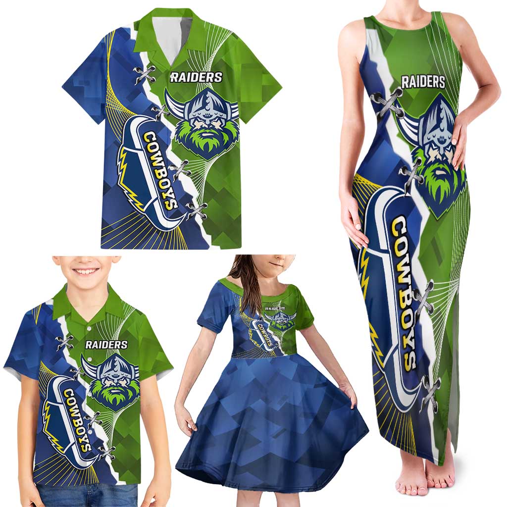 Personalised Cowboys And Raiders Rugby Family Matching Tank Maxi Dress and Hawaiian Shirt Sporty Version