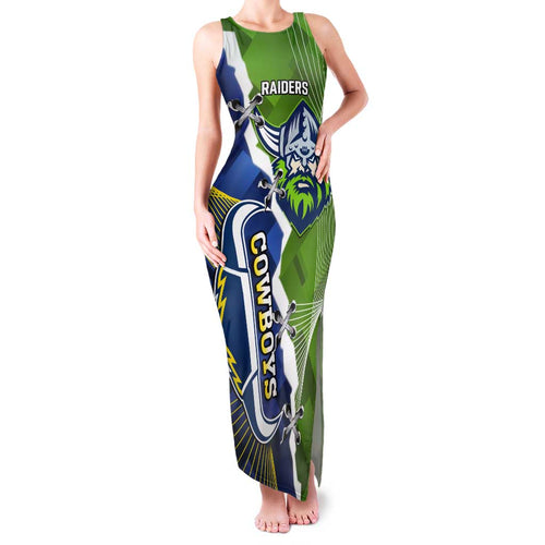 Personalised Cowboys And Raiders Rugby Family Matching Tank Maxi Dress and Hawaiian Shirt Sporty Version