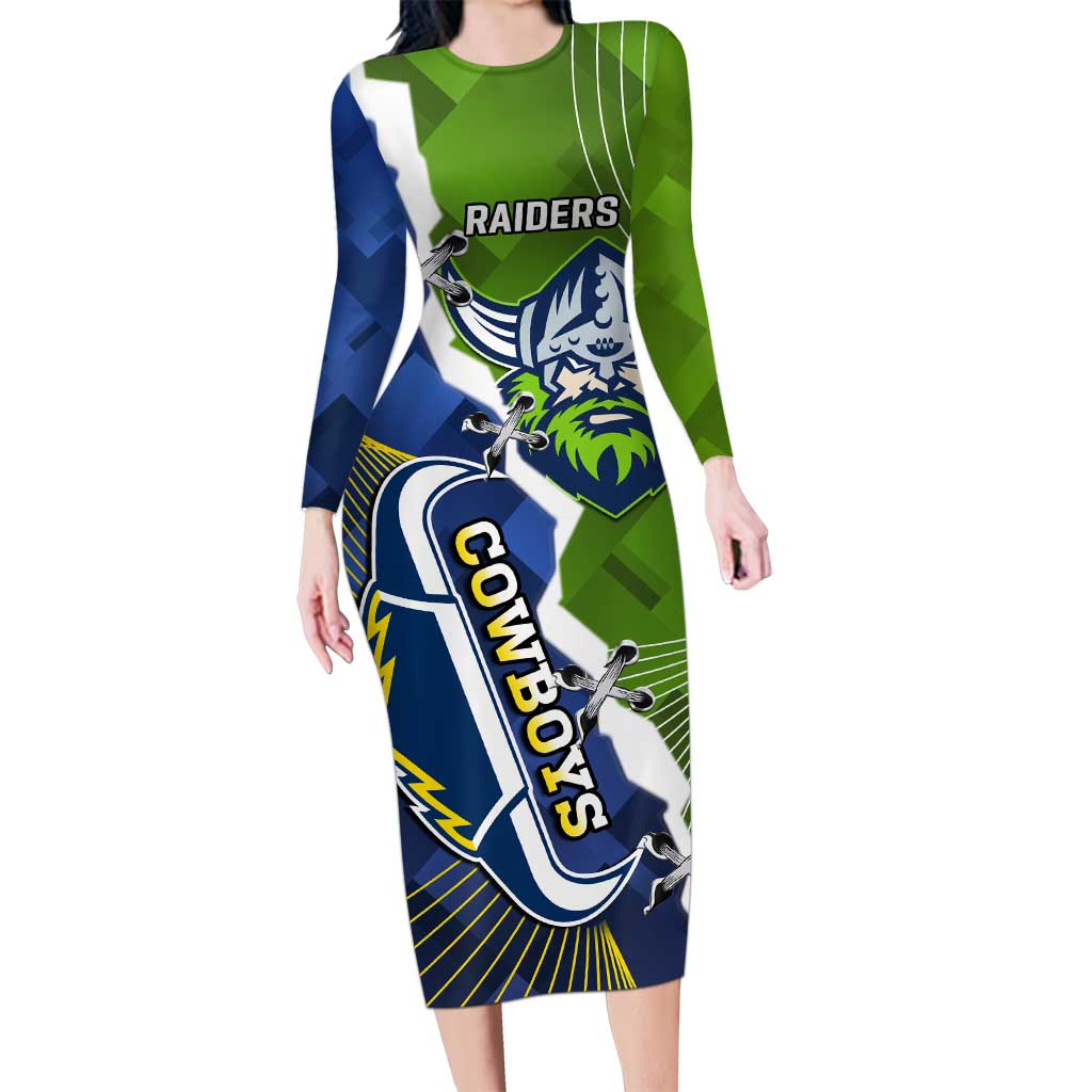 Personalised Cowboys And Raiders Rugby Long Sleeve Bodycon Dress Sporty Version