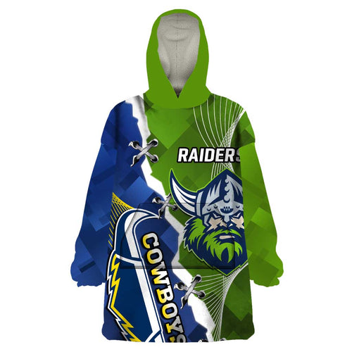 Personalised Cowboys And Raiders Rugby Wearable Blanket Hoodie Sporty Version