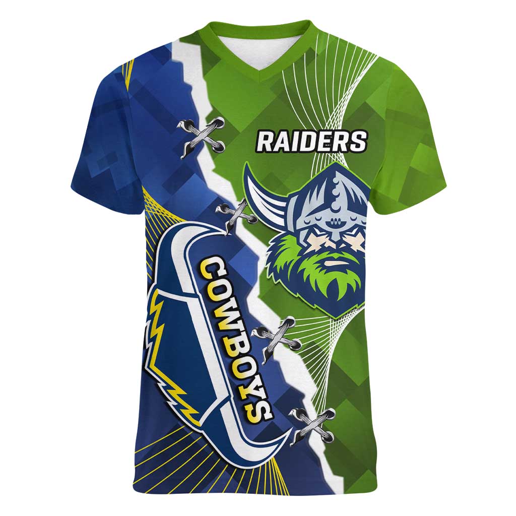 Personalised Cowboys And Raiders Rugby Women V-Neck T-Shirt Sporty Version