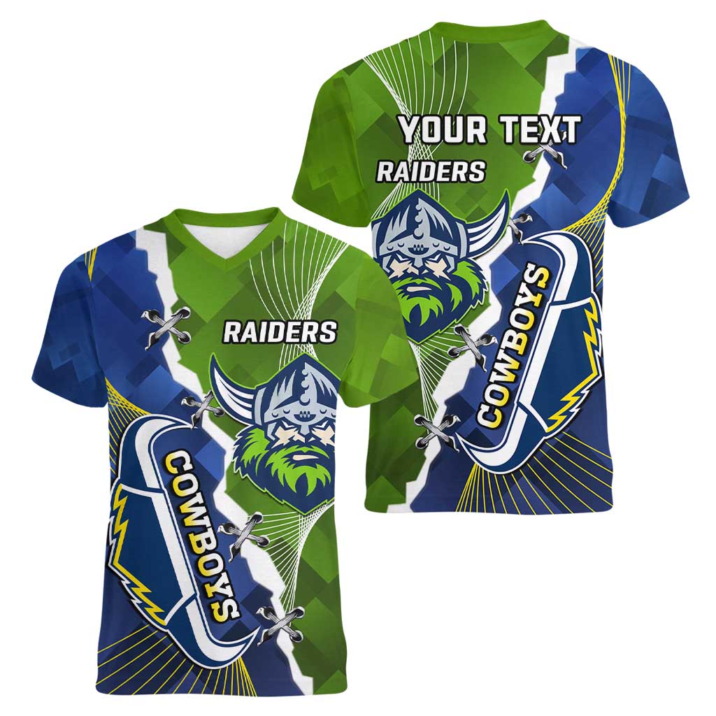 Personalised Cowboys And Raiders Rugby Women V-Neck T-Shirt Sporty Version