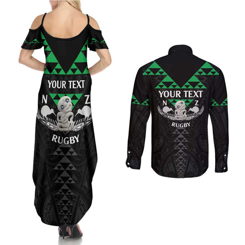 Personalised Aotearoa Rugby Couples Matching Summer Maxi Dress and Long Sleeve Button Shirt New Zealand Maori Kete Matauranga Pattern